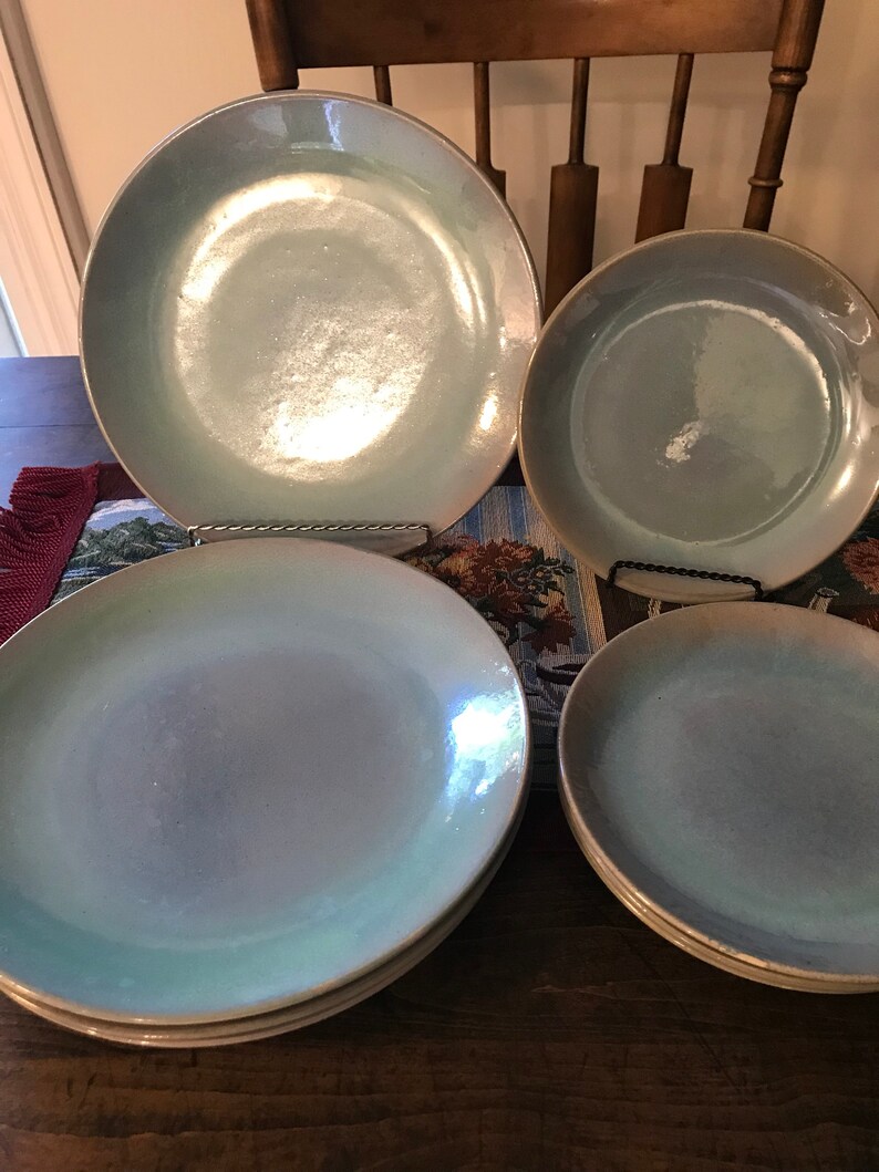 kitchen 4 dinner 4 salad Mid century dinner plates Pearlized teal Sango dining dessert