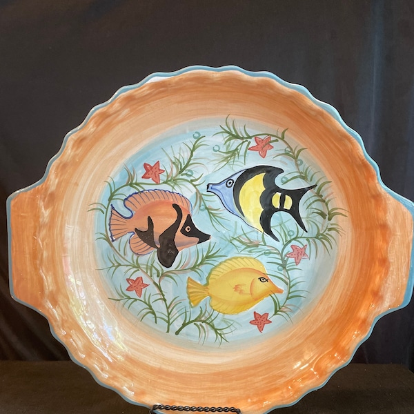Bakeware ,cookware themed, tropical sea life ,ocean crimped ,handled , oven to table -pies - hand painted  Mesa International