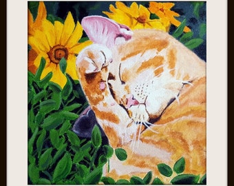 Cat art Ginger Cat In Flowers giclée print of acrylic painting