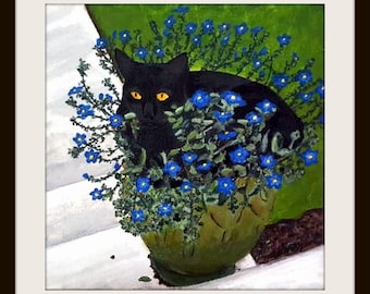 Cat art Black Cat In Flower Pot giclée print of acrylic painting