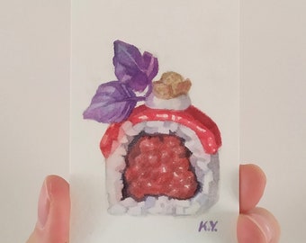 mini sushi painting original / tiny watercolor framed / food illustration / miniature art / cute gifts / seafood paintings / small gift