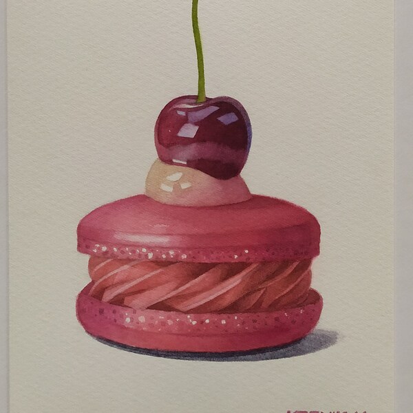 illustration de macaron rose cerise / peinture aquarelle originale de biscuits aux baies / illustration de nourriture 5 x 7 / illustration de dessert / peintures de nourriture