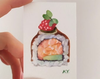 tiny watercolor framed / mini sushi painting original / 2x3 food illustration / miniature art / cute gifts / seafood paintings / desk decor
