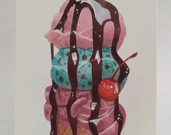 triple scoop ice cream cone original painting / 5x7 watercolor food illustration / dessert painting / kitchen wall art vertical