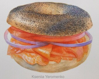 MADE TO ORDER lox and cream cheese bagel / original watercolor / 8x10 food illustration / smoked salmon sandwich / kitchen wall art