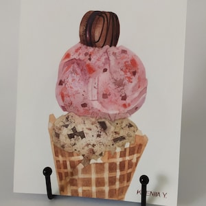 Casquinha de sorvete com duas bolas e pintura original de macaron / ilustração de comida em aquarela 5x7 / pintura de sobremesa / arte de parede de cozinha vertical
