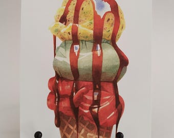 triple scoop ice cream cone art print / 5x7 watercolor food illustration / dessert painting / kitchen wall art vertical