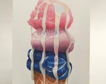 triple scoop cotton candy ice cream cone art print / 5x7 watercolor food illustration / dessert painting / kitchen wall art vertical