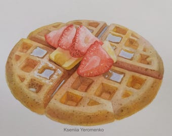 MADE TO ORDER waffle painting / original 8x10 watercolor illustration / breakfast food / kitchen wall art / cooking artwork