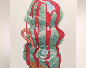 mint candy cane ice cream cone original painting / 5x7 watercolor food illustration / dessert painting / kitchen wall art vertical