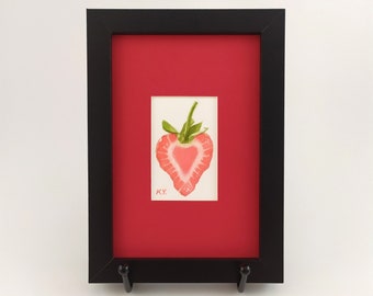strawberry half original mini watercolor / tiny painting / 2x3 food illustration / cute art / small gifts / fruit paintings / vegan gifts