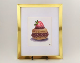 chocolate macaron illustraton / original watercolor cookie painting framed / food illustration / dessert artwork / paintings of food