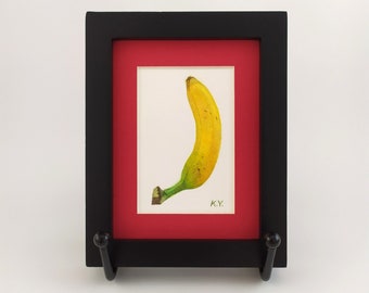 banana mini painting framed / miniature watercolor 2x3 / original illustration / tiny art / cute gifts / fruits paintings / vegan gifts