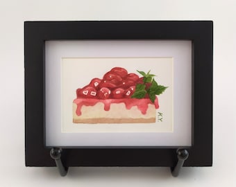 cherry cheesecake miniature painting framed / tiny watercolor original artwork 2x3 / small dessert art / cute gifts / cake slice paintings