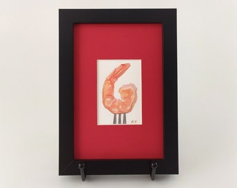 mini shrimp painting original / tiny watercolor framed / food illustration / miniature art / cute gifts / seafood paintings / small gift