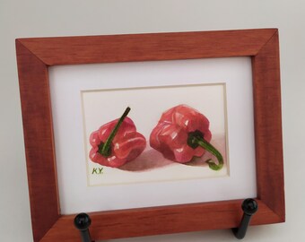 tiny red habanero peppers painting / mini watercolor original chili pepper / little veggie paintings / cute small art gifts / kitchen decor