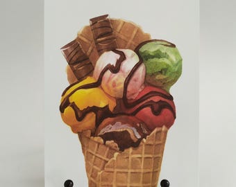 five scoop ice cream cone art print / 5x7 watercolor food illustration / dessert painting / kitchen wall art vertical