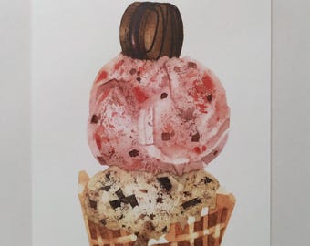 double scoop ice cream cone with macaron art print / 5x7 watercolor food illustration / dessert painting / kitchen wall art vertical