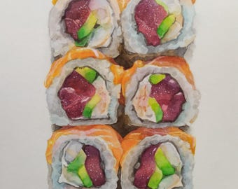 MADE TO ORDER sushi painting / original 8x10 watercolor illustration / food art / kitchen wall art / cooking artwork