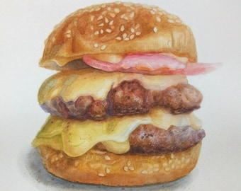 MADE TO ORDER cheeseburger painting / original 8x10 watercolor illustration / food art / kitchen wall art / cooking artwork