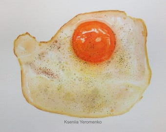 MADE TO ORDER fried egg painting / original 8x10 watercolor illustration / breakfast food / kitchen wall art / cooking artwork