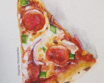 MADE TO ORDER pizza painting / original 8x10 watercolor illustration / food art / kitchen wall art / cooking artwork