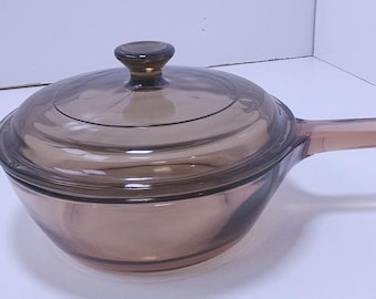 Vintage Corning Visions Amber Glass Saucepan w/ Lid 0.5L USA Small Pan