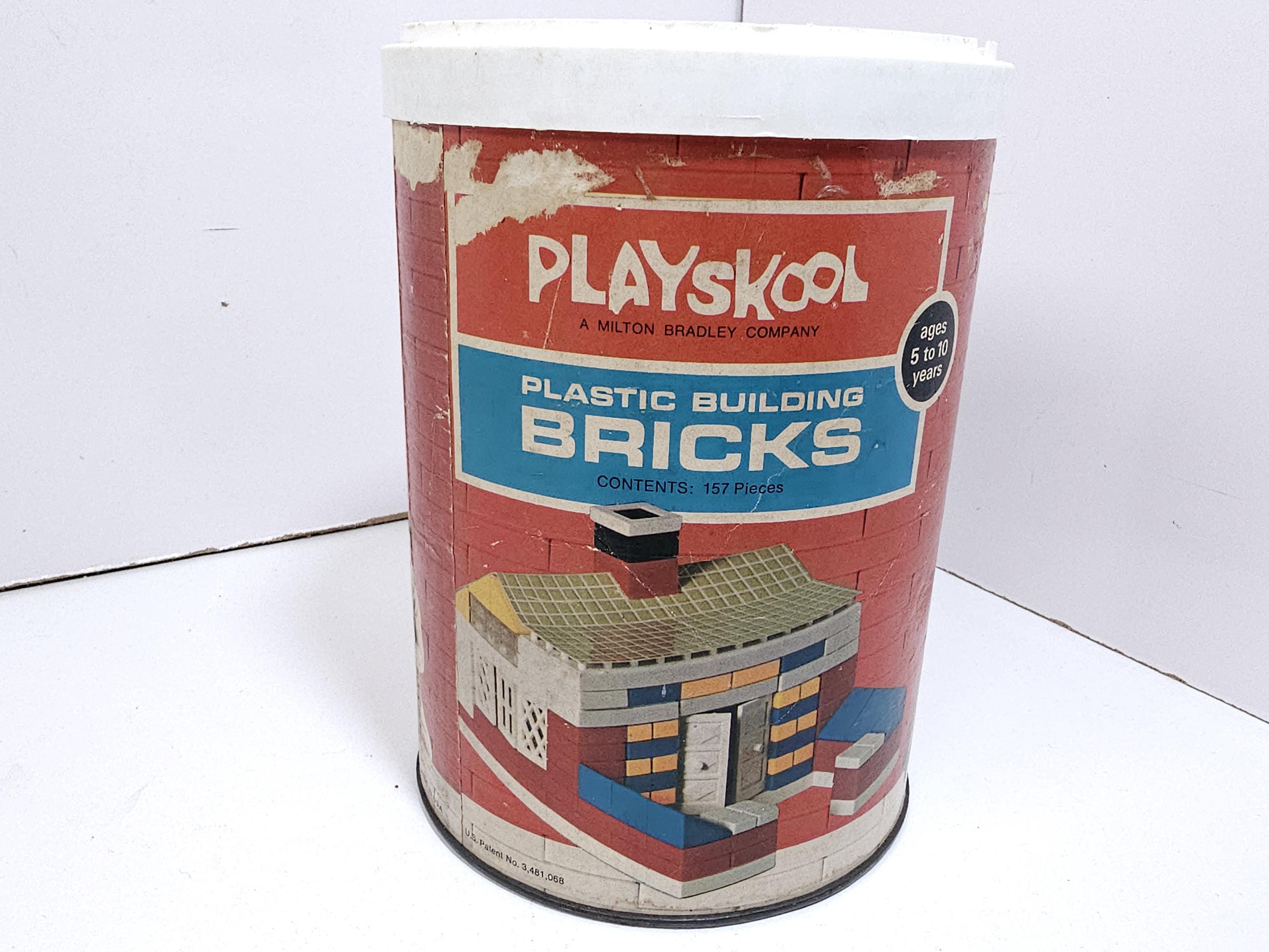 Vintage Playskool Plastic Building Bricks Milton Bradley Canister