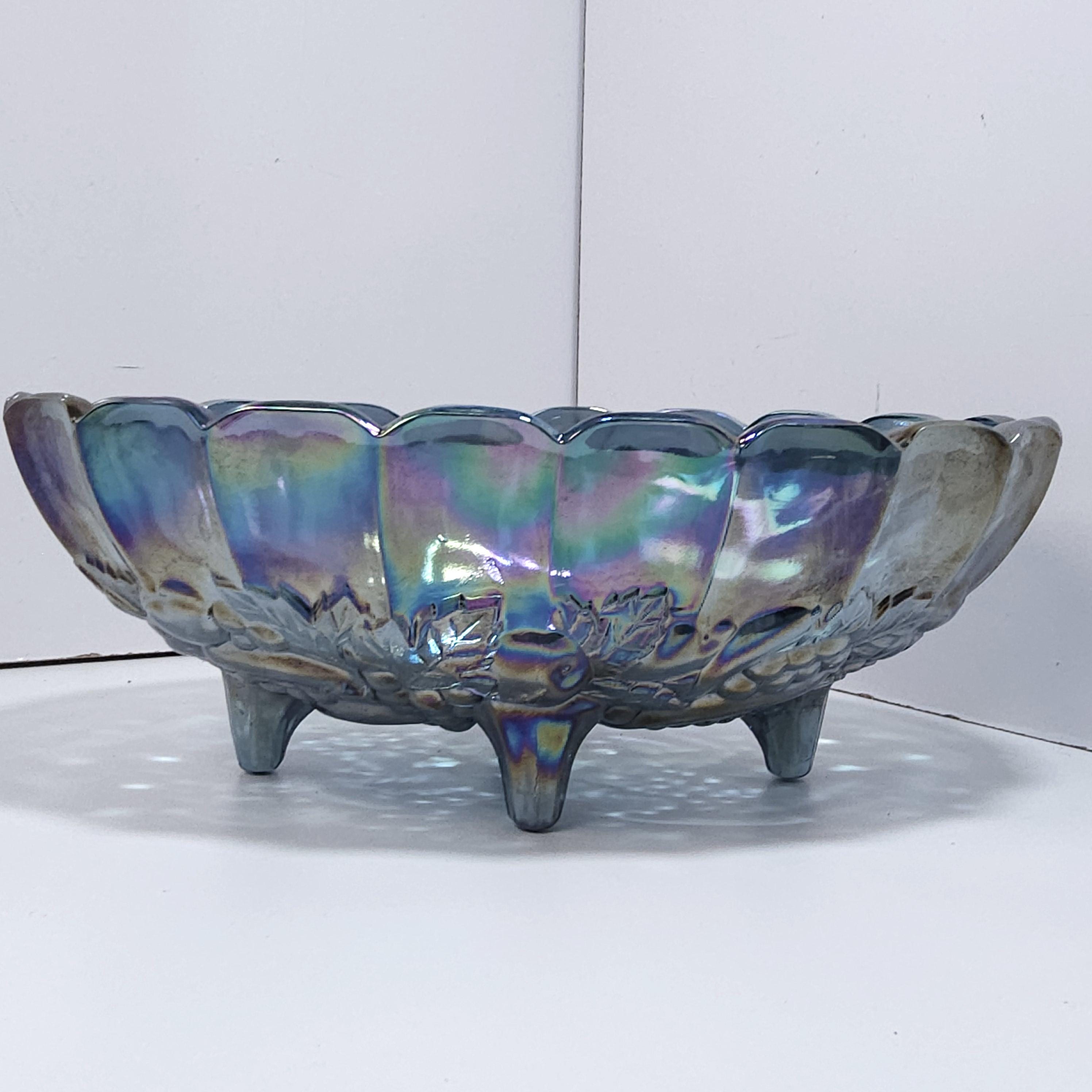 インディアナ・グラス・カンパニー　Oval Center Bowl ヴィンテージ Carnival Glass Footed Oval Center Piece Fruit Bowl Blue Iridescent