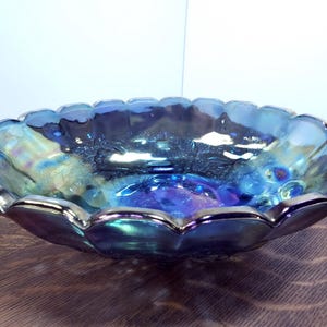 Carnival Glass Footed Oval Center Piece Fruit Bowl Blue Iridescent Harvest Grape