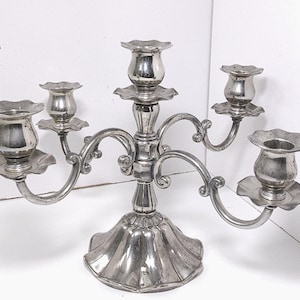 Vintage Silver Plate 5 Arm Candelabra Scroll Design 9.5" Tall Heavy Base