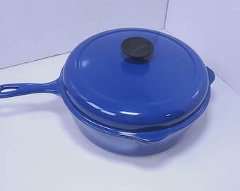 Vintage Cousances #27 Blue Enameled Cast Iron Skillet w/ Lid Made in France