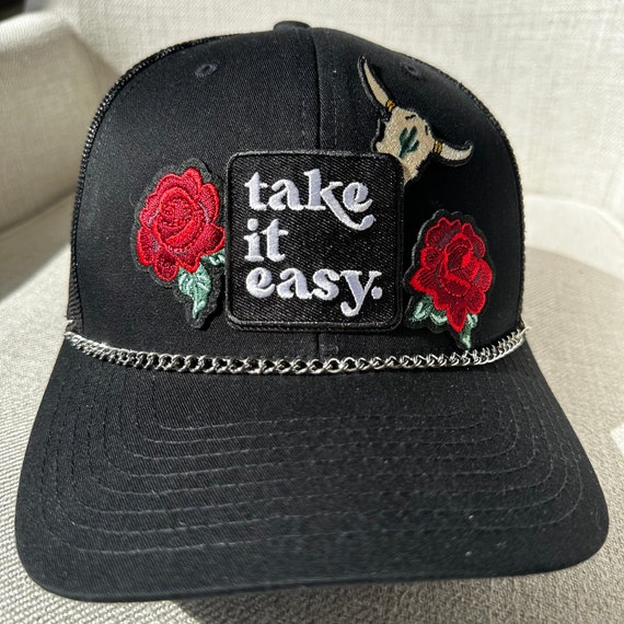 Black Trucker Hat With Patches: Take It Easy, Flowers  display picture 3