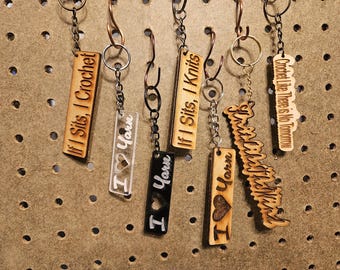 lasercut knitting and crochet keychains