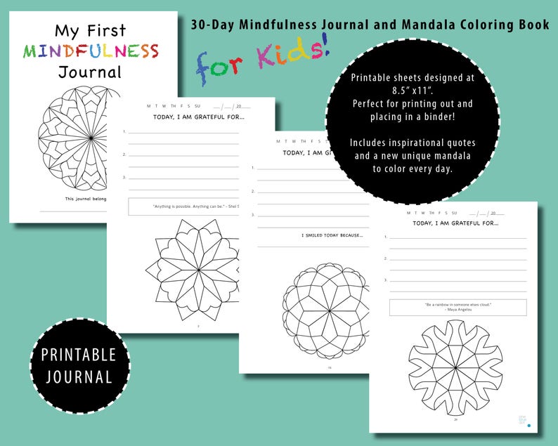 PRINTABLE 30 Day Mindfulness Journal and Mandala Coloring Book for Kids, Gratitude Journal for Kids, New Years Activity, Kids Meditation image 2