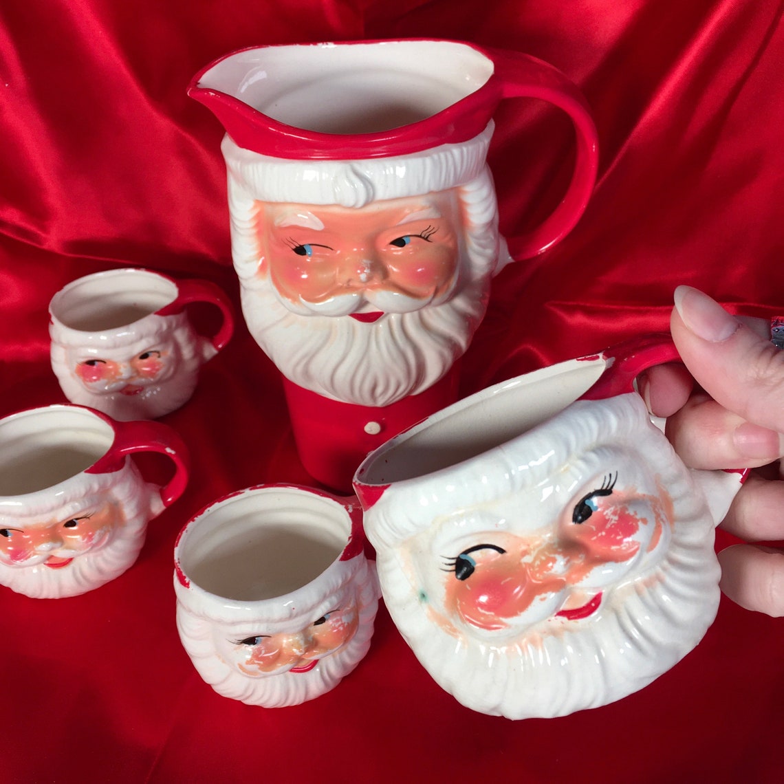 Vintage 1950s Porcelain Santa Pitcher & Mug Set Marked Etsy