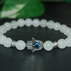 Hamsa Hand Bracelet,8mm White Jade Beads,Jade Bracelet,Evil Eye Bracelet,Lucky Bracelet,Spirituality,Prayer,Man,Woman,Protection,Gift