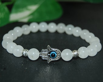 Hamsa Hand Bracelet,8mm White Jade Beads,Jade Bracelet,Evil Eye Bracelet,Lucky Bracelet,Spirituality,Prayer,Man,Woman,Protection,Gift