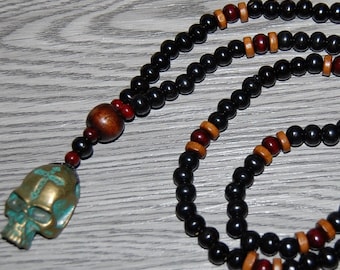 Skull Necklace,Wood Necklace,Bronze Skull Pendant,Mens Necklaces,Tribal Jewelry,Ethnic Necklace,Skull Wood Necklace,Gift for Him