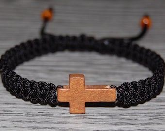 Pulsera de cruz de madera, cáñamo, pulsera de cuerda de buena suerte, cordón ajustable, oración, hombre, mujer, pulsera de yoga, protección, meditación, pulsera de cruz