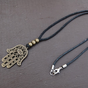 Hamsa Hand Necklace,Bronze Hamsa Hand,Black Cord Necklace,Choker Necklace,Man,Spiritual,Men Necklace,Ethnic necklace,Custom Made Any Size