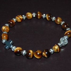 Rosenkranz Armband,St.Benedikt,Tigerauge Armband,Tigerauge 8mm Perlen,Benediktiner Segen Armband,SilberMedaille,Männer,Frauen,Beten,Wunscharmband