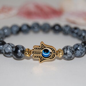 Pulsera de mano hamsa, pulsera de piedra preciosa de nieve negra, cuentas de 8 mm de piedras preciosas, pulsera de buena suerte, pulsera elástica de piedras preciosas, hombres, mujeres, yoga, oración, regalo
