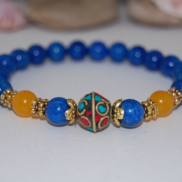 Blue Jasper Bracelet,8mm Gemstone Beads,Tibetan Brass Focal Charm,Stretch Bracelet,Yoga,Mala,Men,Women,Energy Bracelet,Healing Bracelet,Gift