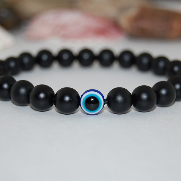 Onyx Bracelet,Evil Eye Bracelet,8mm Onyx Beads,Stretch Bracelet,Boho,Man,Woman,Black Onyx,Matte Onyx Bracelet,Unisex Beaded Bracelet