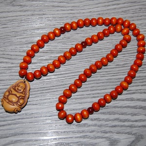 Happy Buddha Necklace,Wood Beads,Buddha Pendant,24 inchese,Pray,Yoga,Man,Woman,Boho,Good Luck,Mala,Prayer,Protection,Meditation,Spirituality