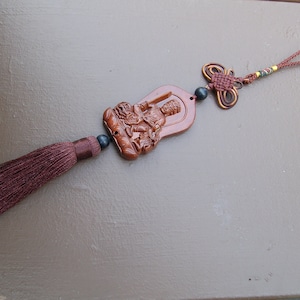 Wood Buddha Hanging,Tassel,Rear View Mirror Charm,Travel Alter Car,Alter Wall,Room Decor,Car Decor,Mala,Prayer,Good Luck,Yoga,Protection