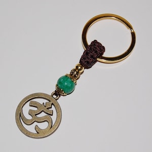 Om Keychain,Bronze Om,Green Jade Bead,Gemstone Stone Keyring,Macrame Friendship,Hemp Keychain,Handmade Keychain,Good Lucky,Aum,Ohm,Yoga,Gift