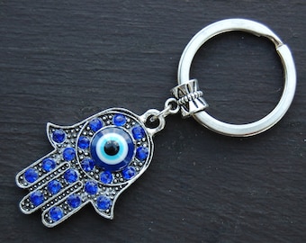 Brelok z dłonią Hamsy, brelok ze złym okiem, niebieska dłoń Hamsy, samochód, torba, portfel, duchowość, brelok ochronny, joga, boho, brelok przynoszący szczęście, prezent