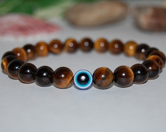 Tiger Eye Bracelet,Evil Eye Bracelet,8mm Tiger Eye Gemstone Beads,Tiger Eye Hamsa Bracelet,Spirituality,Men,Women,Gift,Protection,Tiger Eye